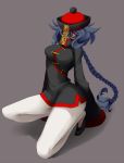  1girl bags_under_eyes black_footwear blue_hair braid chinese_clothes grey_background haiiro_gundan hair_between_eyes hat highres jiangshi long_hair monster_girl orange_eyes original red_headwear simple_background sleeves_past_wrists solo talisman 