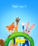  ! ambiguous_gender anthro blue_background bottomwear canid canine claws clothing dipstick_ears disney duo english_text fox fur gesture grey_body grey_fur judy_hopps looking_at_viewer mammal multicolored_ears necktie nick_wilde open_mouth open_smile orange_body orange_fur pants pawpads pink_nose police_uniform purple_eyes red_fox shirt simple_background smile teeth text tomatoztp topwear uniform waving zootopia 