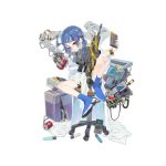  1girl alternate_costume ankle_boots assault_rifle bandaid bandaid_on_knee bangs black_shorts blue_footwear blue_hair blush boots breasts bulletproof_vest calculator chair coat computer_tower daewoo_k11 dr_pepper drinking explosive eyebrows_visible_through_hair eyes_visible_through_hair full_body girls_frontline glasses grenade gun hair_between_eyes hair_ornament holding_magazine_(weapon) k11_(girls_frontline) labcoat ladic long_hair looking_at_viewer low_twintails messy_hair multimeter official_art open_clothes open_coat purple_eyes rifle shirt shorts sidelocks sitting sleeves_past_fingers sleeves_past_wrists solo transparent_background twintails watch weapon white_coat wristwatch x_hair_ornament younger 