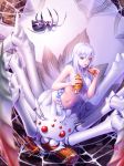  1girl absurdres arachne armpits artist_logo bare_shoulders blurry boned_meat braid breasts bug commentary_request covered_nipples cross-laced_clothes eating extra_eyes eyebrows_visible_through_hair eyelashes food full_body groin hair_between_eyes highres holding holding_food insect_girl kumo_desu_ga_nani_ka? kumoko_(kumo_desu_ga_nani_ka?) large_breasts long_hair looking_at_viewer meat midriff monster_girl muchousha navel open_mouth red_eyes rock saliva severed_limb shadow silk single_braid spider spider_girl spider_legs spider_web strapless tubetop white_hair white_tubetop 