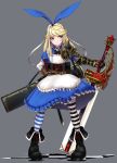  1girl absurdres alice_in_wonderland armor black_footwear blonde_hair blue_dress blue_eyes brown_gloves checkered checkered_floor closed_mouth corset dress earrings eyebrows_visible_through_hair gauntlets gloves grey_background haiiro_gundan hand_on_hip highres holding holding_sword holding_weapon huge_weapon jewelry long_hair makeup original pauldrons scabbard sheath sheathed simple_background solo striped striped_legwear sword thighhighs unsheathed w weapon 