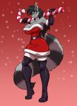  2019 armwear big_breasts boots breasts brown_eyes candy candy_cane christmas cleavage clothed clothing elbow_gloves female food footwear gloves handwear hi_res holidays huge_breasts legwear mammal procyonid raccoon snowflake solo thigh_highs toughset 