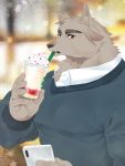  00makumakuma00 5_fingers anthro brown_body brown_eyes brown_fur canid canine cellphone clothed clothing detailed_background fingers fur hi_res holding_cellphone holding_object holding_phone humanoid_hands male mammal phone solo 