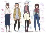  4girls absurdres akizuki_(kantai_collection) alternate_costume bag boots brown_hair casual coat denim directional_arrow grey_hair handbag hat hatsuzuki_(kantai_collection) highres holding holding_bag jeans kantai_collection kiritto long_skirt multiple_girls pants pantyhose ribbed_sweater scarf shoulder_bag simple_background sketch skirt suzutsuki_(kantai_collection) sweater teruzuki_(kantai_collection) thighhighs translation_request turtleneck work_in_progress 