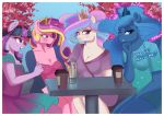  absurd_res anthro anthrofied beverage blue_eyes blush breasts cleavage clothed clothing coffee coffee_cup cosmic_hair dialogue dress equid ethereal_hair friendship_is_magic furniture group hair hi_res horn jacket looking_at_viewer mammal multicolored_hair my_little_pony princess_cadance_(mlp) princess_celestia_(mlp) princess_luna_(mlp) pseudo_hair purple_eyes shirt sitting smile table talking_to_viewer topwear twilight_sparkle_(mlp) unicorn winged_unicorn wings xjenn9 
