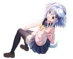  1girl :d absurdres black_legwear blue_hair bow brown_eyes brown_footwear dog_hair_ornament dog_tail error fang full_body hair_bow hand_up highres inuyama_tamaki invisible_chair long_sleeves looking_at_viewer medium_hair navy_blue_skirt open_mouth pink_serafuku pleated_skirt revision school_uniform serafuku sitting siyuan9629 skin_fang skirt smile solo tail thighhighs tsukudani_norio_channel virtual_youtuber white_background 