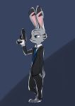  anthro barefoot blue_background bottomwear clothing disney ear_markings facial_markings fur grey_body grey_fur hand_in_pocket head_markings holding_gun holding_object holding_weapon jack_savage lagomorph leporid mammal markings necktie pants pink_nose pockets rabbit simple_background solo standing suit tomatoztp weapon zootopia 