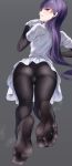  1girl ass cameltoe feet gloves grey_background highres hime_cut hizuki_akira long_hair looking_back natsume_(pokemon) pantyhose pokemon purple_eyes red_eyes shirt simple_background skirt smug solo white_gloves white_shirt white_skirt 