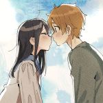  1boy 1girl ahoge bangs black_hair blush brown_hair closed_eyes dated earrings face-to-face grey_shirt heart hetero imminent_kiss jewelry kitashirakawa_tamako long_hair looking_at_another momose_(oqo) ooji_mochizou shirt tamako_market upper_body white_shirt 