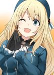  1girl atago_(kantai_collection) beret black_gloves blonde_hair blue_eyes blue_headwear buttons eyebrows_visible_through_hair gloves gradient gradient_background hat highres kamelie kantai_collection long_hair long_sleeves military military_uniform one_eye_closed open_mouth smile solo uniform 