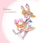  anthro barefoot clothed clothing dipstick_ears disney dress english_text eyes_closed fully_clothed fur grey_body grey_fur hat headgear headwear holding_object judy_hopps lagomorph leporid mammal multicolored_ears open_mouth open_smile rabbit simple_background smile text tomatoztp zootopia 