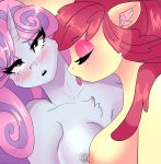  anthro apple_bloom_(mlp) big_breasts blush breasts chest_tuft equid female female/female friendship_is_magic hi_res horn licking mammal my_little_pony neck_lick nipples sweetie_belle_(mlp) tongue tongue_out tuft unicorn xjenn9 