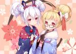  animal_ears anthropomorphism azur_lane blonde_hair bunny_ears candy cannian_dada eldridge_(azur_lane) glasses gloves japanese_clothes laffey_(azur_lane) red_eyes short_hair white_hair 