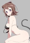  1girl bang_dream! bangs bikini black_bikini_top black_choker blush bottomless breasts brown_hair cat_tail choker grey_background highres medium_breasts mouth_hold nipples purple_eyes sakamata seiza short_hair simple_background sitting solo swimsuit tail toyama_kasumi untied untied_bikini 