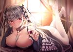  1girl ass azur_lane bangs bare_shoulders bed bed_sheet between_breasts black_bow black_dress black_ribbon blunt_bangs blush bow breasts cleavage closed_mouth collarbone commentary_request detached_collar dress earrings eyebrows_visible_through_hair eyelashes formidable_(azur_lane) frilled_dress frills grey_hair hair_between_eyes hair_bow hair_ribbon highres jewelry large_breasts legs_up long_hair looking_at_viewer lying nue_(pixiv10581898) on_bed on_stomach pantyhose platinum_blonde_hair red_eyes revision ribbon sidelocks solo thighband_pantyhose twintails two-tone_dress two-tone_ribbon very_long_hair white_dress white_legwear white_ribbon 