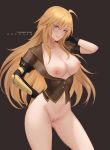  1girl ahoge arm_up artist_name azto_dio bangs black_gloves blonde_hair blush bottomless breasts breasts_outside brown_jacket censored closed_mouth collarbone contrapposto cowboy_shot eyebrows_visible_through_hair gloves highres jacket large_breasts long_hair mosaic_censoring naked_coat navel nipples no_bra open_clothes open_jacket prosthesis prosthetic_arm purple_eyes pussy rwby short_sleeves single_glove smile solo stomach very_long_hair yang_xiao_long 