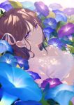  1girl achiki backlighting bangs blue_flower breasts brown_hair closed_mouth commentary_request crying crying_with_eyes_open dress dutch_angle eyebrows_visible_through_hair flower hair_between_eyes hair_ribbon looking_at_viewer lying on_back original purple_eyes purple_flower ribbon see-through small_breasts solo tears upper_body white_dress white_ribbon 