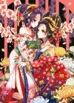  2girls bangs_pinned_back black_hair commentary_request floral_print flower hair_ornament hair_stick hand_on_another&#039;s_shoulder headpiece highres japanese_clothes kimono kneeling multiple_girls nekozuki_yuki obi off-shoulder_kimono off_shoulder oiran original parted_lips petals pink_flower purple_eyes purple_hair red_kimono sash tassel white_flower white_kimono yellow_eyes yellow_flower yuri 