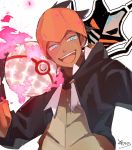  1boy :d black_gloves black_hair black_jacket blue_eyes brown_shirt dark_skin dark_skinned_male dynamax_ball fingerless_gloves gloves gym_leader hand_up highres jacket kibana_(pokemon) male_focus open_clothes open_jacket open_mouth orange_headwear poke_ball pokemon pokemon_(game) pokemon_swsh shirt signature smile sofra solo upper_body upper_teeth white_background 