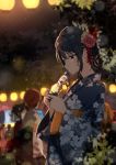  2others 3girls bangs black_hair blurry blurry_background bottle floral_print flower hair_flower hair_ornament half-closed_eyes holding holding_bottle japanese_clothes kanzashi kimono lantern multiple_girls multiple_others night original outdoors paper_lantern ramune shiina_kuro solo_focus summer_festival wide_sleeves yukata 