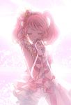  1girl bang_dream! bangs bow closed_eyes commentary_request fingerless_gloves flower gloves hair_bow hair_flower hair_ornament hair_ribbon highres holding holding_microphone maruyama_aya microphone navel overskirt pink_hair pink_theme ribbon short_shorts shorts sidelocks smile solo twintails u_u wrist_ribbon yellow_flower yuyuyugoonn 