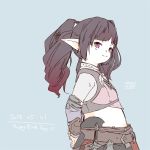  1girl 2018 arms_behind_back artist_name black_hair closed_mouth dagger dated earrings final_fantasy final_fantasy_xiv flat_chest gradient_hair happy_birthday hoop_earrings jewelry lalafell lili_mdoki multicolored_hair pointy_ears purple_eyes red_hair smile solo two-tone_hair weapon yoshi&#039;p_sampo 
