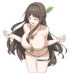  1girl ;d bare_arms bare_shoulders bikini bikini_pull black_survival braid breasts brown_hair cleavage clothes_pull collarbone front-tie_bikini front-tie_top green_bikini green_eyes gweon_sua hair_ornament hop3 jewelry large_breasts leaning_forward long_hair looking_at_viewer navel necklace one_eye_closed skindentation smile solo standing stomach strap_pull string_bikini swimsuit thigh_strap thighs very_long_hair 