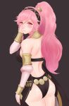  absurdres ass back bare_shoulders black_background black_panties blush breasts choker cowboy_shot dancer detached_sleeves embarrassed fire_emblem fire_emblem_awakening fire_emblem_heroes hairband highres long_hair looking_at_viewer looking_back olivia_(fire_emblem) panties pink_hair ponytail sideboob simple_background smgold underwear 