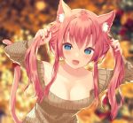  1girl :d animal_ear_fluff animal_ears aran_sweater bare_shoulders blue_eyes blurry blurry_background blush bow breasts brown_sweater bunching_hair cat_ears cat_girl cat_tail cleavage collarbone commentary_request depth_of_field fang long_hair medium_breasts nail_polish off-shoulder_sweater off_shoulder open_mouth original pink_hair red_bow red_nails sidelocks smile solo sweater tail tail_bow tail_raised toujou_mina twintails 
