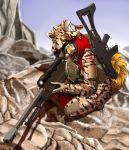  2019 anthro blue_eyes canid canine day detailed_background digital_media_(artwork) female hair holding_gun holding_object holding_weapon mammal outside red_hair sky solo tales_foxdale weapon 