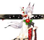  androgynous animal_ears egasumi eye_print flower fox_ears long_hair looking_at_viewer low-tied_long_hair orange_eyes ririkuto silver_hair simple_background standing white_background wide_sleeves 