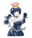  1girl black_dress black_gloves black_hair blue_eyes bob_cut breasts broken broken_chain brooch chain coolidgedoodles cuffs dated dress gloves grin highres jewelry large_breasts looking_at_viewer mario_(series) new_super_mario_bros._u_deluxe princess_chain_chomp shackles sharp_teeth smile super_crown super_mario_bros. teeth 