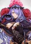  1girl absurdres armor breasts camilla_(fire_emblem) closed_mouth ei1han fire_emblem fire_emblem_fates flower hair_over_one_eye highres large_breasts long_hair purple_eyes purple_hair smile solo tiara upper_body 