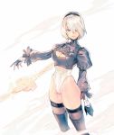  1girl bangs black_footwear black_legwear blue_eyes boots breasts cleavage cleavage_cutout commentary eyebrows_visible_through_hair feather-trimmed_sleeves feather_trim feathers gloves hair_over_one_eye hairband hand_up highleg highleg_leotard highres leotard lips medium_breasts nier_(series) nier_automata parted_lips pink_lips puffy_sleeves rein00 short_hair simple_background solo standing sword thigh_boots thighhighs thighs turtleneck weapon white_background white_hair yorha_no._2_type_b 