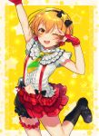  1girl ;d arm_up black_bow black_footwear black_legwear black_skirt boots bow center_frills earrings frilled_shirt_collar frills gloves hair_bow hairband highres hoshizora_rin jewelry kneehighs looking_at_viewer love_live! love_live!_school_idol_project navel one_eye_closed open_mouth orange_eyes orange_hair red_gloves red_skirt shinotarou_(nagunaguex) shirt short_hair single_garter skirt smile solo star starry_background striped striped_neckwear suspenders two-tone_skirt w_over_eye white_shirt yellow_background yellow_neckwear 
