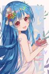  1girl :d alternate_costume bangs bare_arms bare_shoulders binan_xian_lu blue_hair blush cake commentary dress fang flower food food_themed_hair_ornament hair_flower hair_ornament hair_ribbon highres hinanawi_tenshi holding holding_plate long_hair looking_at_viewer open_mouth peach_hair_ornament plate red_eyes red_flower ribbon skin_fang sleeveless sleeveless_dress smile solo touhou upper_body white_dress white_ribbon 