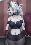  2019 anthro big_breasts bottomwear breasts canid canine canis cleavage clothed clothing collar fangs female fingerless_gloves fur gloves grey_body grey_fur handwear helluva_boss loona_(vivzmind) mammal miniskirt red_eyes skirt solo viejillox white_body white_fur wide_hips wolf 