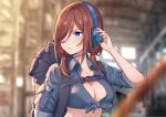  1girl arm_up backpack bag black_shirt blue_eyes blurry blurry_background breasts brown_hair cleavage closed_mouth collarbone collared_shirt crop_top depth_of_field front-tie_top go-toubun_no_hanayome hair_over_one_eye hand_up headphones highres kongbai large_breasts long_hair looking_away nakano_miku shirt short_sleeves solo stomach strap upper_body 