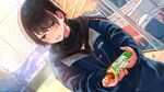  black_hair blush brown_eyes close drink hanekoto hoodie original scarf short_hair suntory waifu2x watermark 