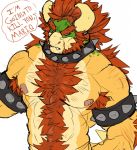  2019 anthro biceps body_hair bowser chest_hair digital_media_(artwork) english_text facial_hair hair hanzotitmada happy_trail horn koopa looking_at_viewer male mario_bros muscular muscular_male nintendo nipples nude pecs red_eyes red_hair scalie simple_background solo speech_bubble text vein video_games white_background wounded 