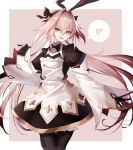  1boy astolfo_(fate) astolfo_(saber)_(fate) bangs black_bow black_dress black_gloves black_legwear black_neckwear black_ribbon blush border bow bowtie buttons dress fate/grand_order fate_(series) gloves hair_between_eyes hair_intakes heart highres juliet_sleeves layered_skirt liu_liu long_hair long_sleeves looking_at_viewer low_twintails multicolored_hair open_mouth otoko_no_ko pink_background puffy_sleeves ribbon smile solo spoken_heart streaked_hair thighhighs twintails white_border white_hair wide_sleeves wing_collar 