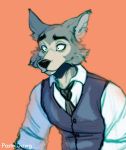  anthro beastars black_nose canid canine canis clothed clothing fur grey_body grey_fur legosi_(beastars) male mammal necktie pasteldawg simple_background solo white_body white_fur wolf 