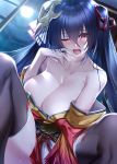  1girl azur_lane bangs bare_shoulders black_hair black_legwear blush breasts cleavage collarbone commentary_request eyebrows_visible_through_hair finger_to_mouth hair_between_eyes hair_ribbon heavy_breathing highres indoors japanese_clothes ken_ill kimono large_breasts long_hair long_sleeves looking_at_viewer mask mask_on_head off-shoulder_kimono one_eye_closed open_mouth red_eyes red_kimono red_ribbon ribbon saliva saliva_trail solo spread_legs striped striped_ribbon sweat taihou_(azur_lane) thighhighs tied_hair twintails very_long_hair wide_sleeves window 