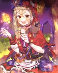  1girl :d absurdres apron bang_dream! bangs basket bat_earrings black_choker blonde_hair blue_bow bow braid candy candy_hair_ornament capelet choker claw_pose corset crossed_bangs earrings food food_themed_hair_ornament frills fur_trim hair_bow hair_ornament hair_ribbon halloween halloween_costume highres hood hood_up hooded_capelet ichigaya_arisa jack-o&#039;-lantern jewelry open_mouth patzzi red_capelet red_nails red_ribbon ribbon single_arm_warmer single_braid skirt smile solo sparkle stuffed_wolf waist_apron wristband yellow_eyes 