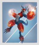  anthro blue_body claws digimon digimon_(species) dragon fire flamedramon open_mouth scalie simple_background solo taran_fiddler 