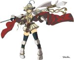  1girl animal animal_on_head armor axe belt blonde_hair blue_eyes boots breastplate cape cross dagger gauntlets head_wings lala_(sputnik) long_hair lord_knight metal_boots on_head over_shoulder ragnarok_online red_cape simple_background skirt solo standing thighhighs weapon weapon_over_shoulder 