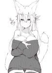  1girl animal_ear_fluff animal_ears bare_shoulders breasts cleavage dress fox_ears fox_tail hair_ribbon heart highres huge_breasts kouhii_kitsune long_hair monochrome off-shoulder_sweater off_shoulder original ribbed_sweater ribbon sleeves_past_wrists smile solo sweater sweater_dress tail upper_body 