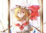  1girl bangs bare_shoulders blonde_hair bound bow chain chained collarbone commentary crying crying_with_eyes_open crystal flandre_scarlet frilled_shirt_collar frills hair_between_eyes hat hat_bow long_hair long_sleeves looking_at_viewer mob_cap off-shoulder_shirt off_shoulder one_side_up parted_lips red_bow red_eyes shironeko_yuuki shirt solo tears tied_up touhou upper_body white_headwear white_shirt wings 