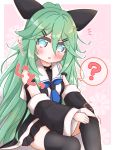  1girl :o ? bangs bare_shoulders black_legwear black_ribbon black_shirt black_skirt black_sleeves blue_eyes blush commentary_request detached_sleeves eyebrows_visible_through_hair floral_background green_hair hair_between_eyes hair_ornament hair_ribbon hairclip high_ponytail highres kantai_collection long_hair long_sleeves parted_lips pleated_skirt ponytail pulled_by_self ribbon ridy_(ri_sui) shirt sitting skirt sleeveless sleeveless_shirt solo spoken_question_mark thighhighs thighhighs_pull translation_request undressing very_long_hair wide_sleeves yamakaze_(kantai_collection) 
