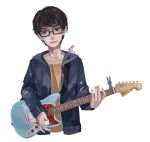  1boy black-framed_eyewear black_eyes black_hair bunny cos17mic guitar instrument jacket looking_at_viewer male_focus music playing_instrument plectrum simple_background solanin solo taneda_naruo upper_body white_background 